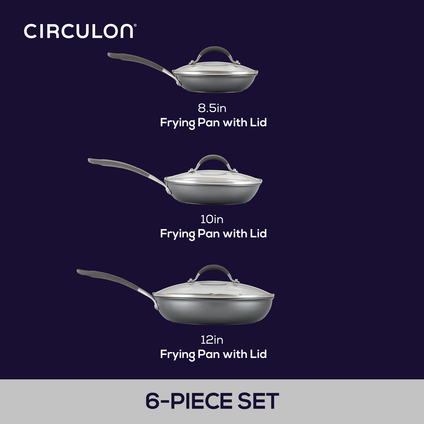 Three frying pans with lids labeled 8.5in, 10in, 12in on a dark background.