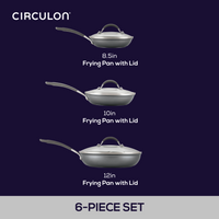Three frying pans with lids labeled 8.5in, 10in, 12in on a dark background.
