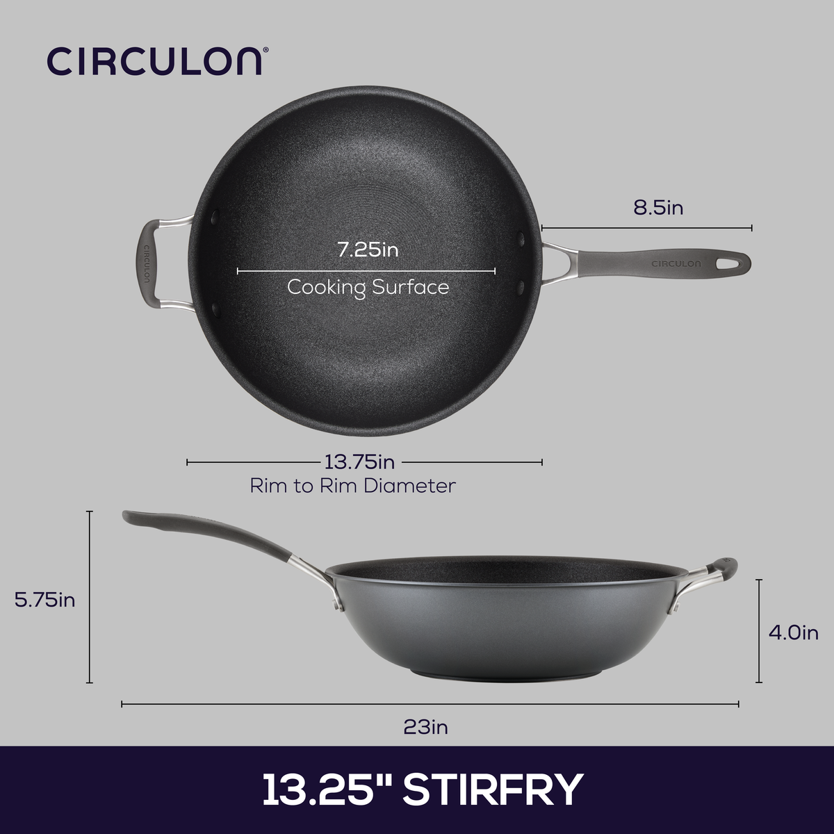 Diagram of 13" A1 ScratchDefense™ StirFry Pan with Helper Handle.