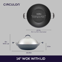 Image of a 14" Circulon wok with a lid, showing dimensions and features.