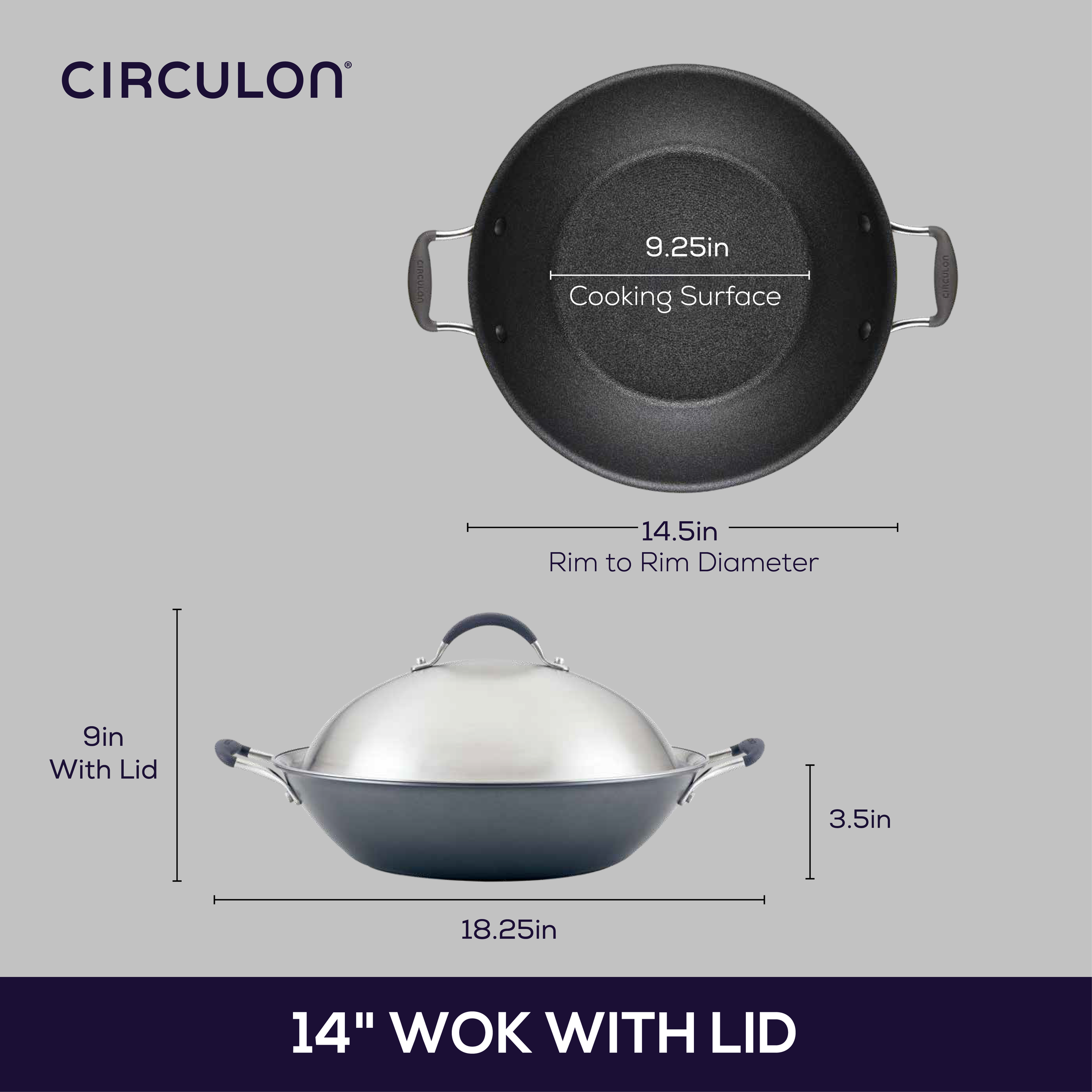 Image of a 14" Circulon wok with a lid, showing dimensions and features.