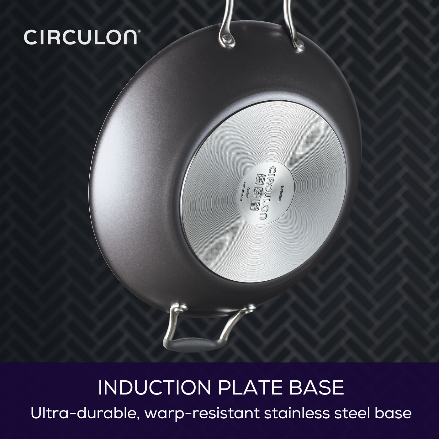 A Circulon pan showing its induction-compatible stainless steel base.