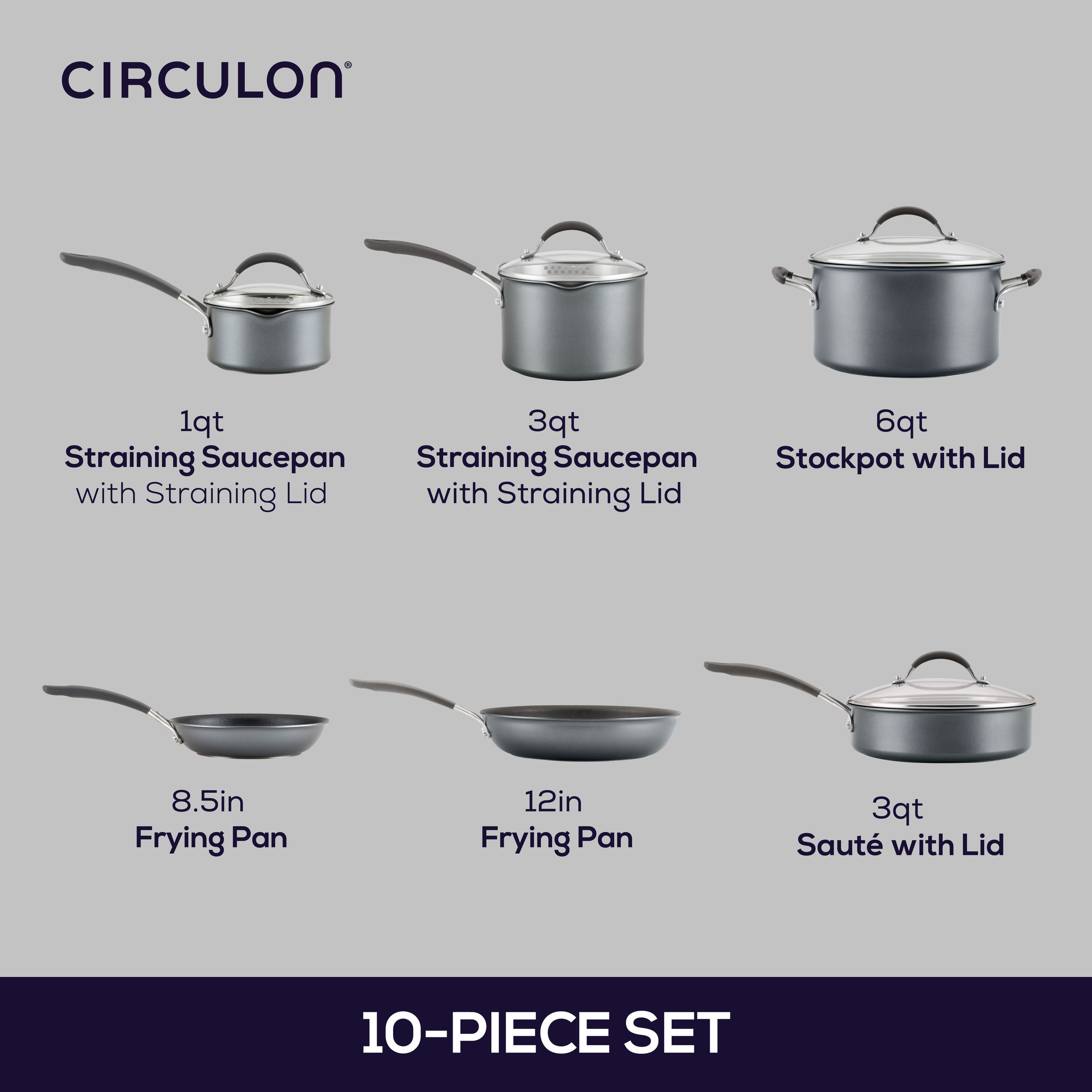Cookware set with pots, frying pans, and lids, labeled by size and type.