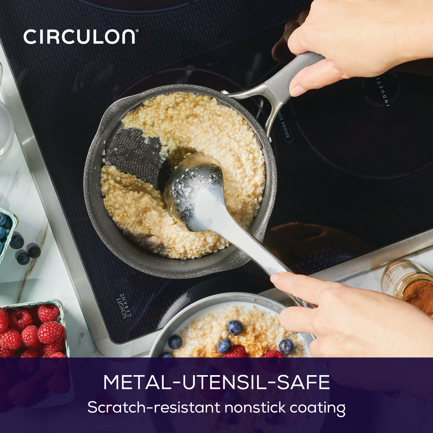 Hands stirring oatmeal in a 2-Quart A1 ScratchDefense™ Nonstick Sauce Pan.
