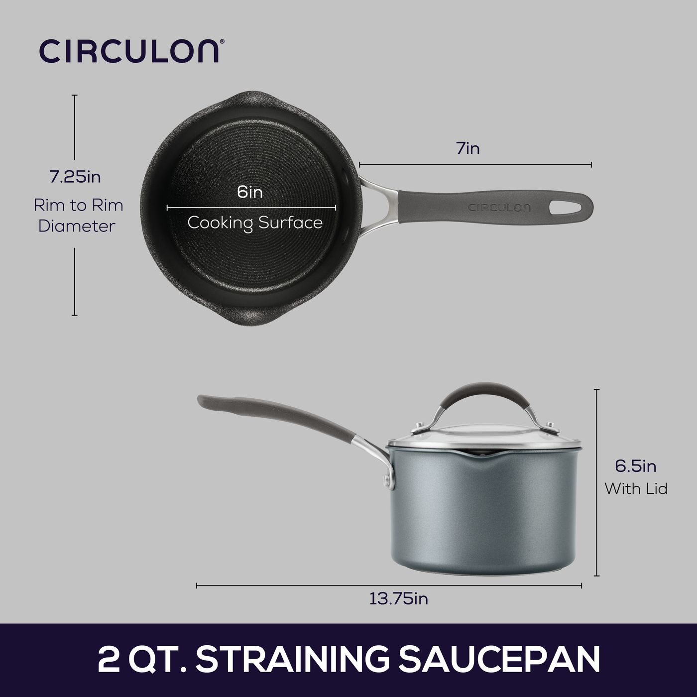 Top and side views of a 2 qt. Circulon straining saucepan with measurements.