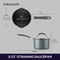 Top and side views of a 2 qt. Circulon straining saucepan with measurements.