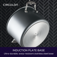 A stainless steel pot viewed from the bottom, featuring an induction plate base.