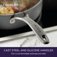Close-up of a saucepan with a Circulon cast steel and silicone handle.