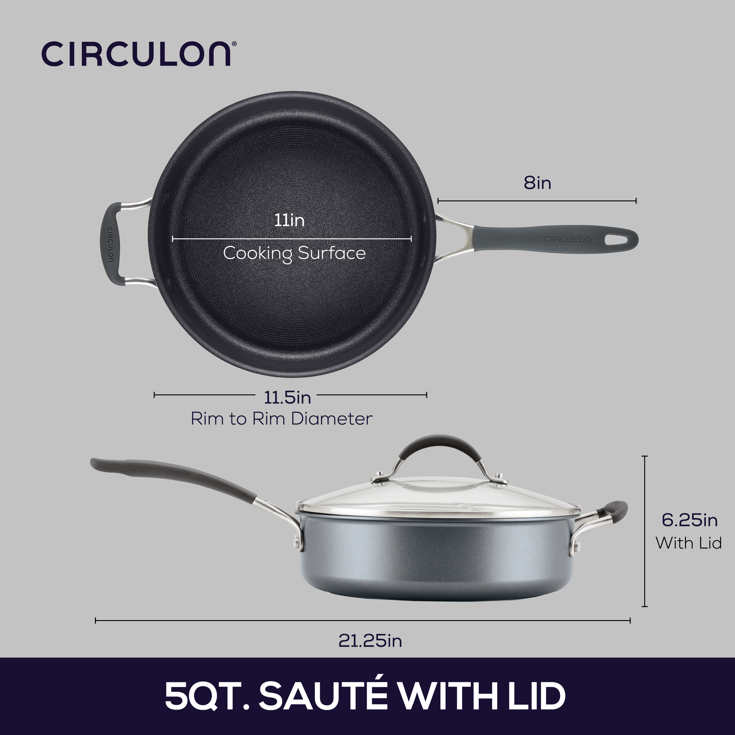 Diagram of an 11-inch sauté pan with lid, showing dimensions.