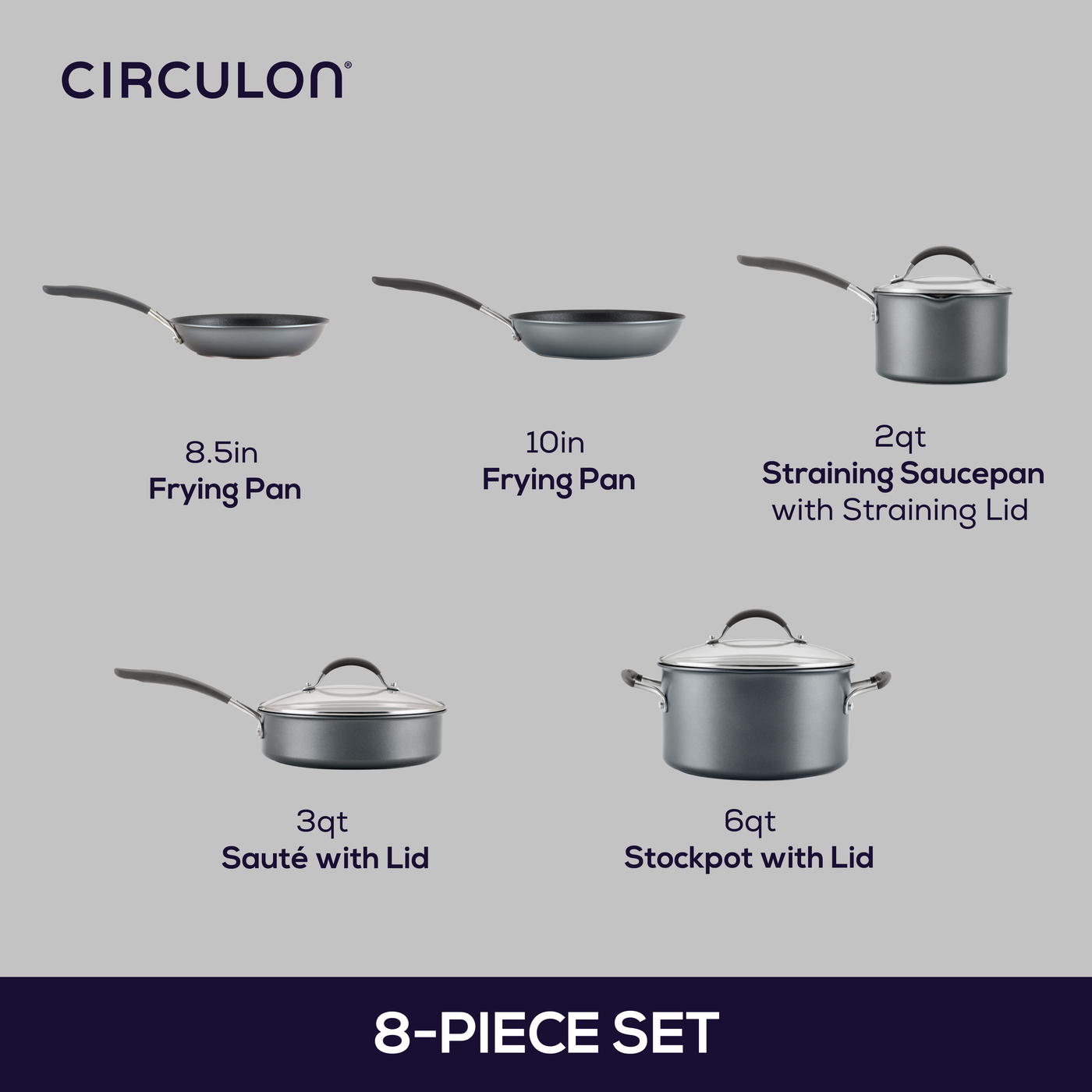 Circulon 8-piece cookware set with various pans and pots.