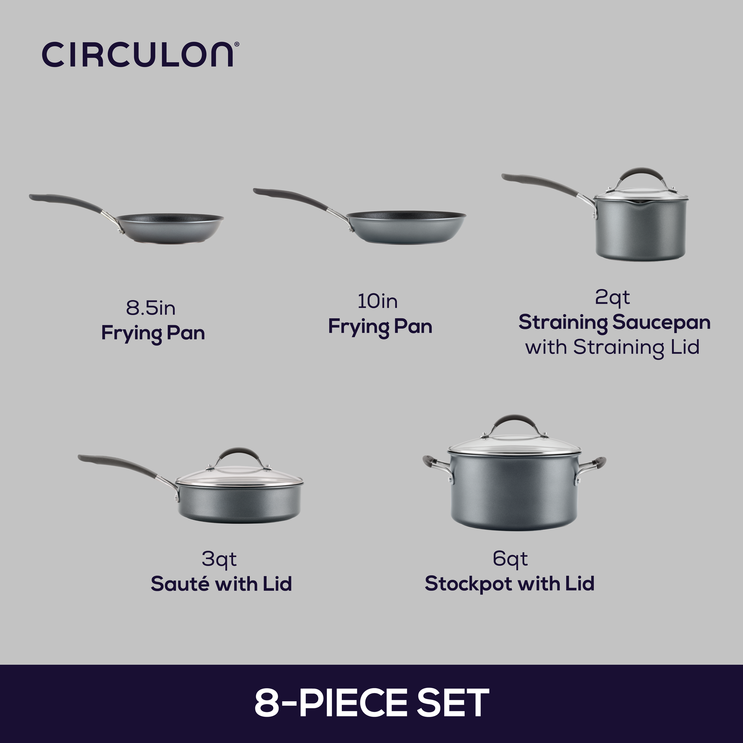 Circulon 8-piece cookware set with various pans and pots.