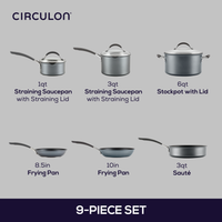 Kitchen cookware set with pots, pans, and straining lids.
