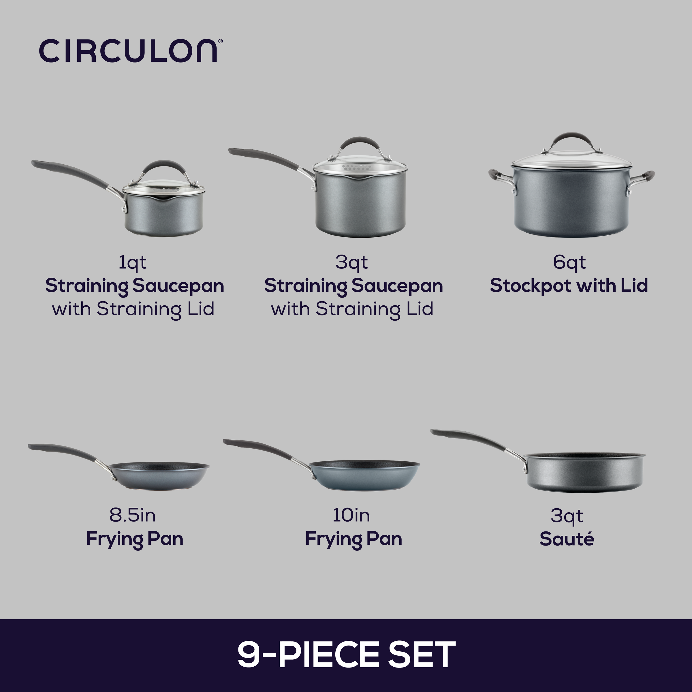 Kitchen cookware set with pots, pans, and straining lids.