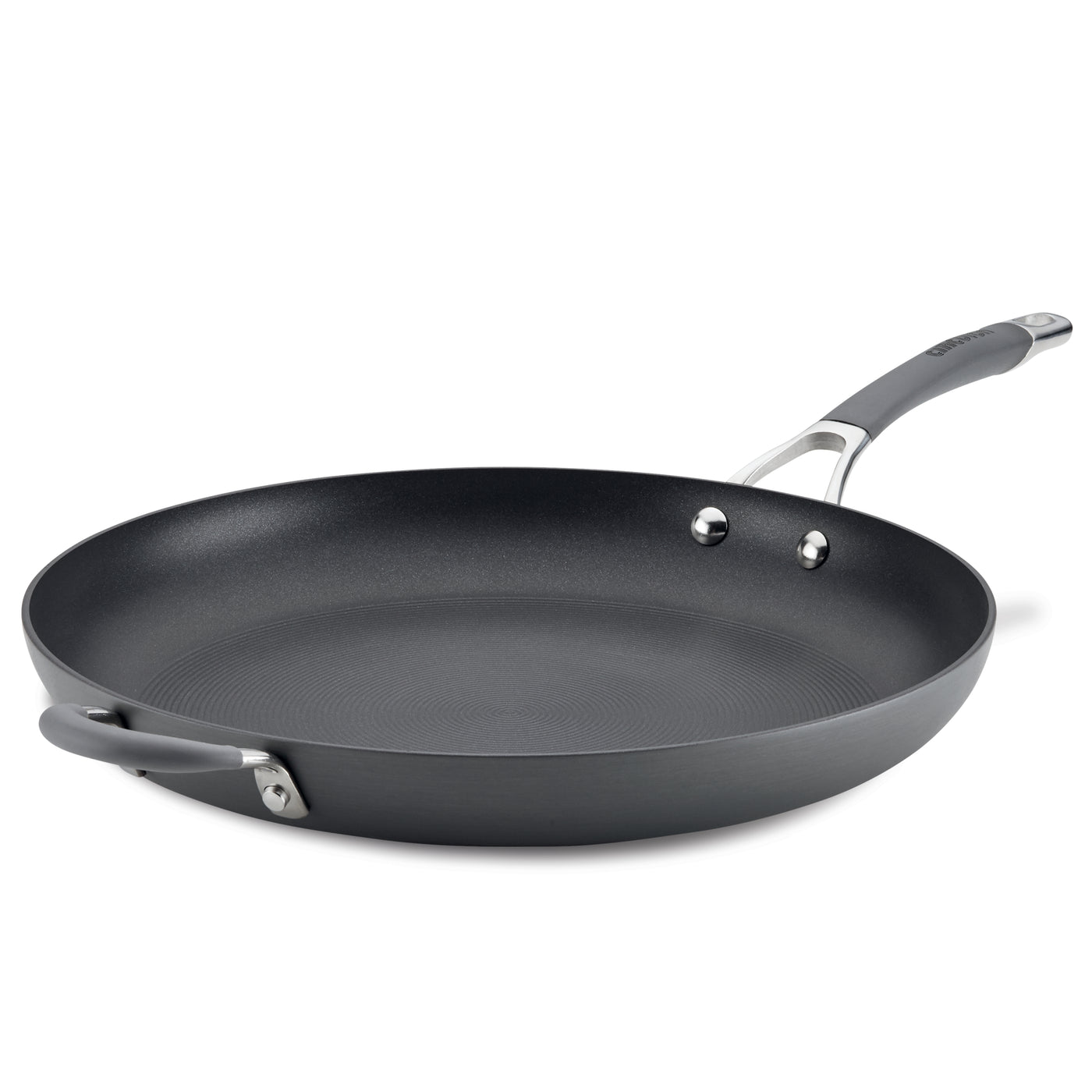 A nonstick frying pan with a long handle and a helper handle.