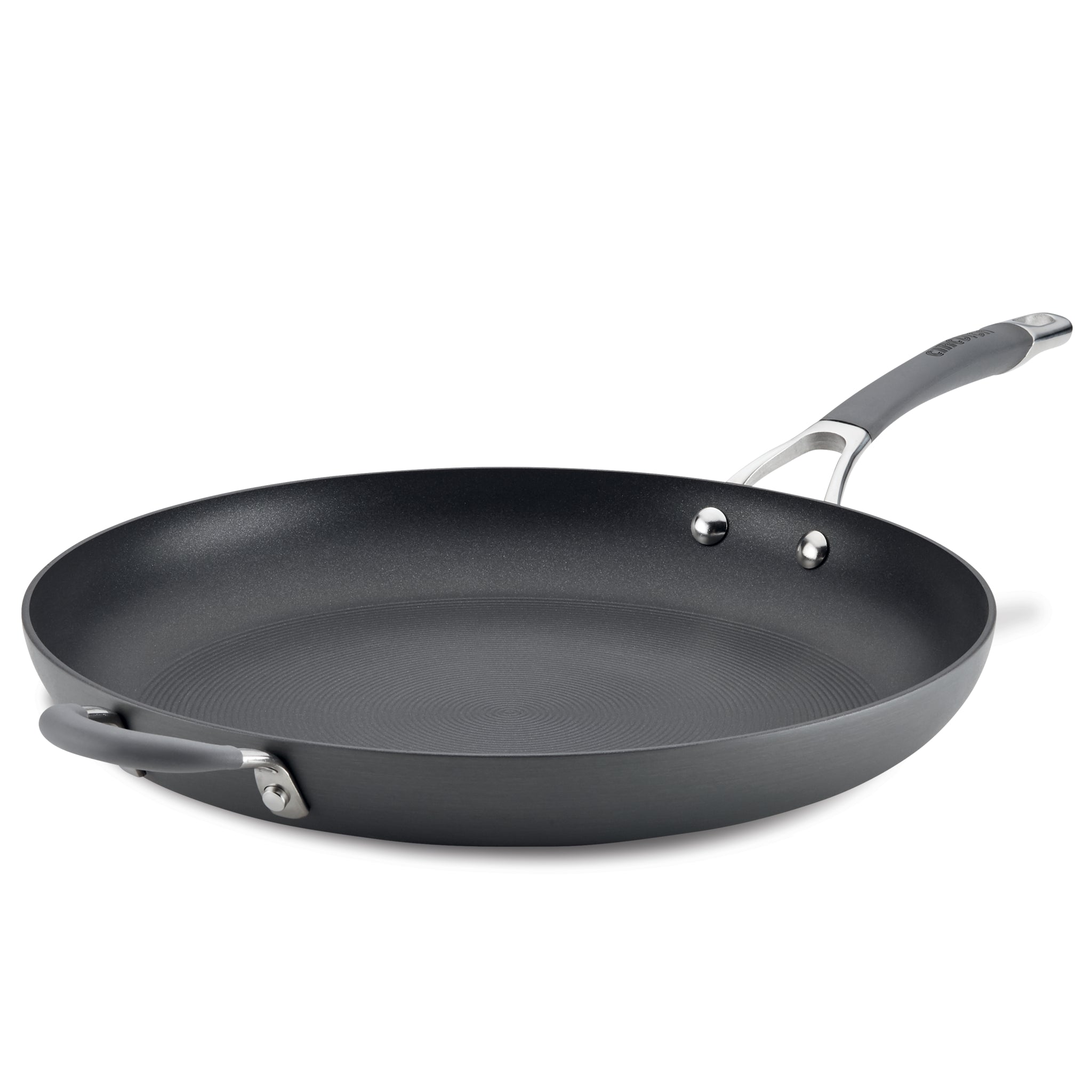 A nonstick frying pan with a long handle and a helper handle.