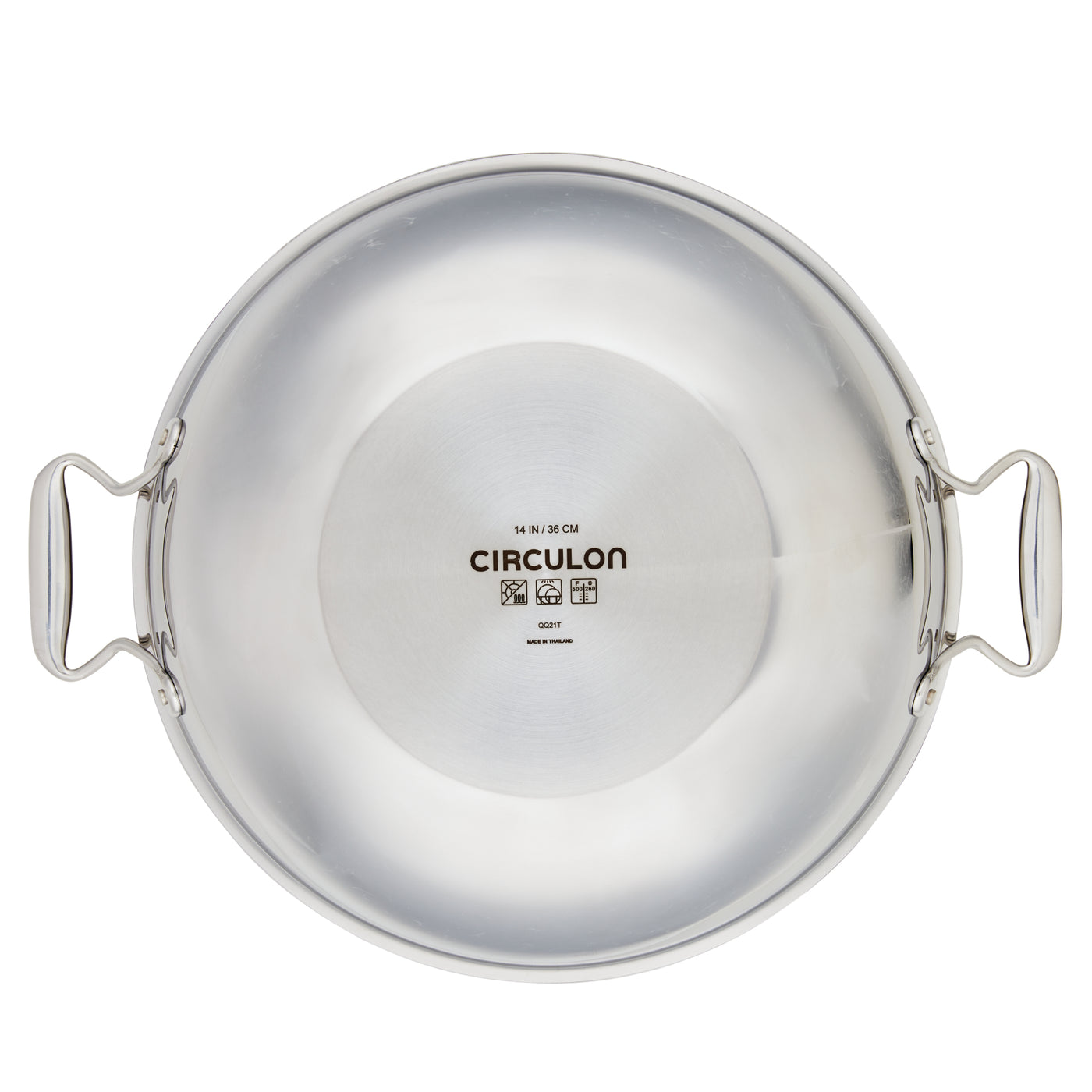Stainless steel pan with two handles and brand name inside.
