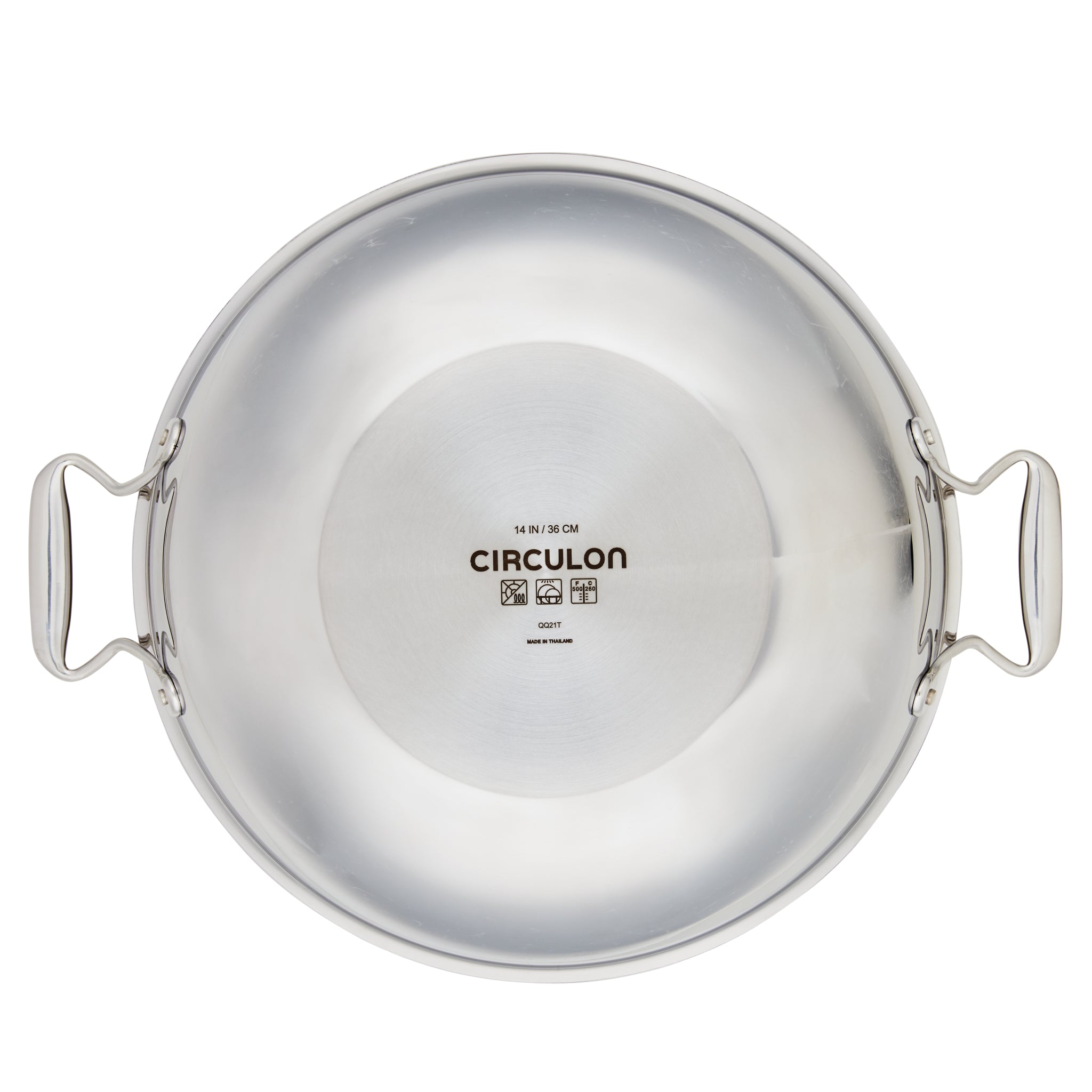 Stainless steel pan with two handles and brand name inside.