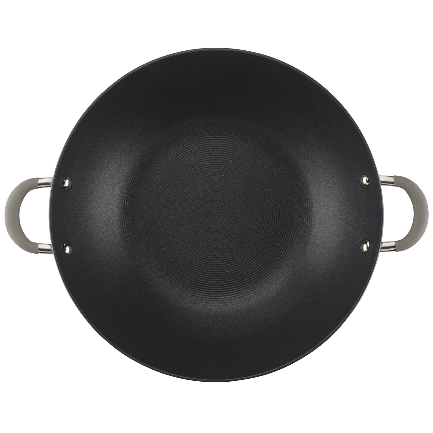 Top view of a black wok with two handles on the sides.