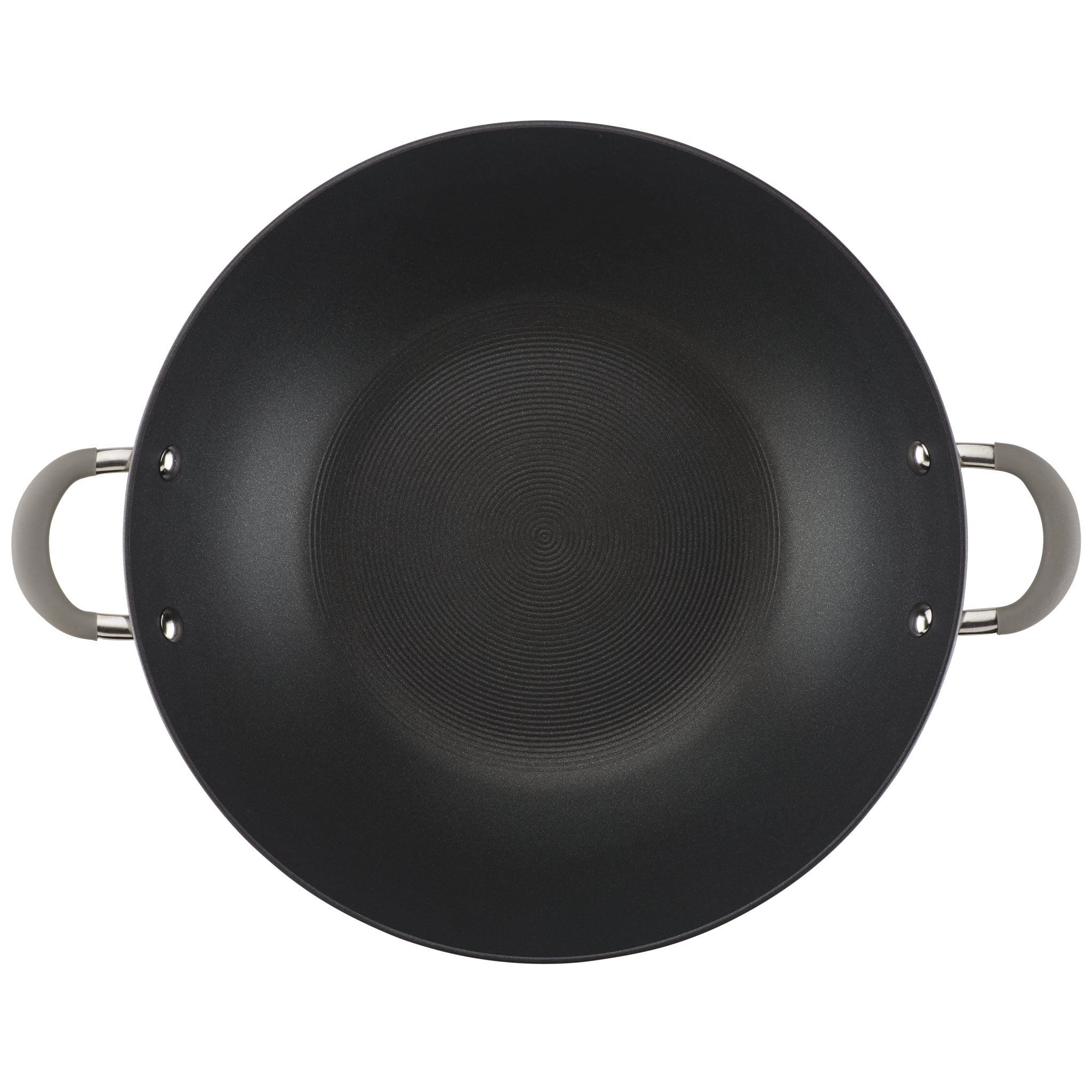 Top view of a black wok with two handles on the sides.