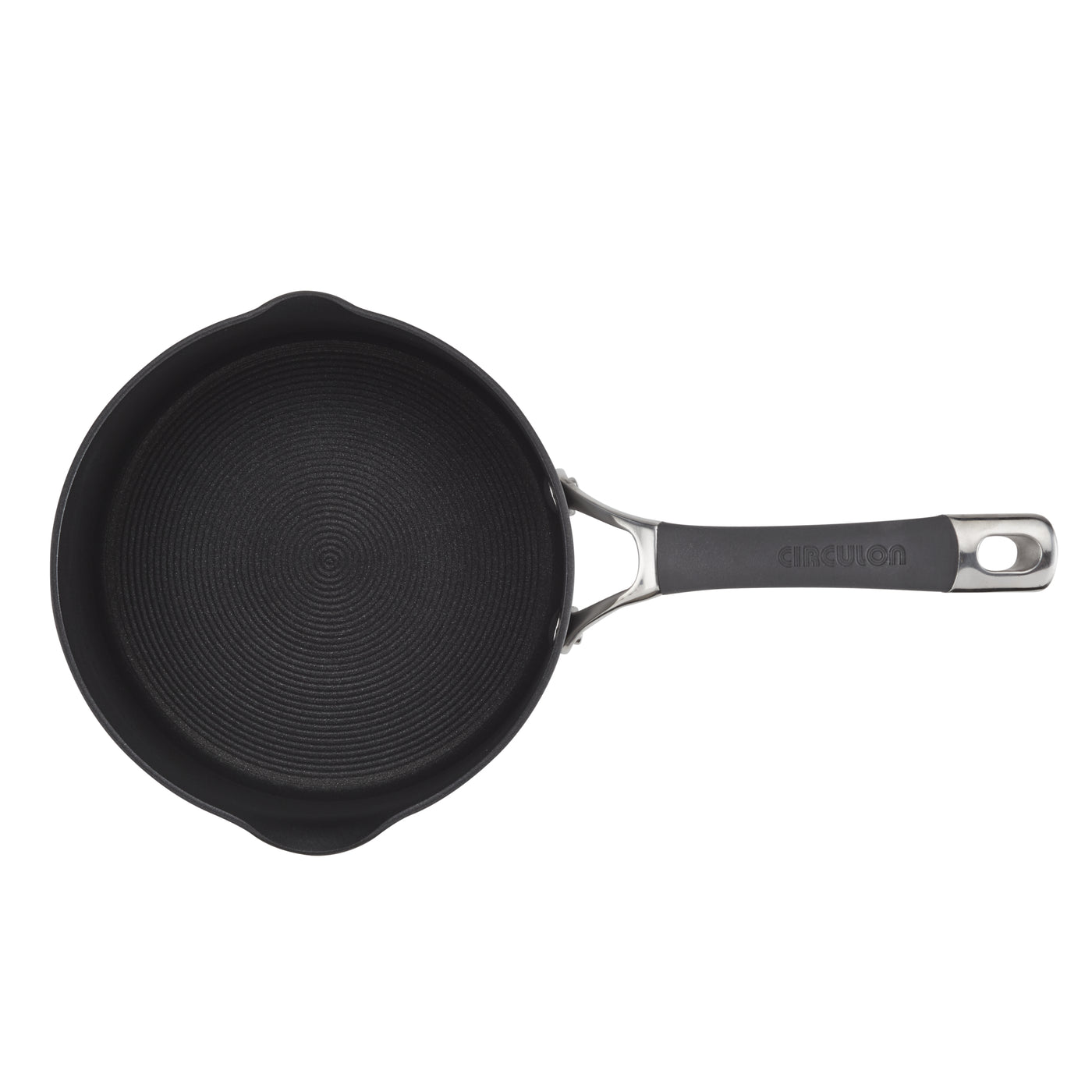 Black frying pan with a metal handle on a white background.