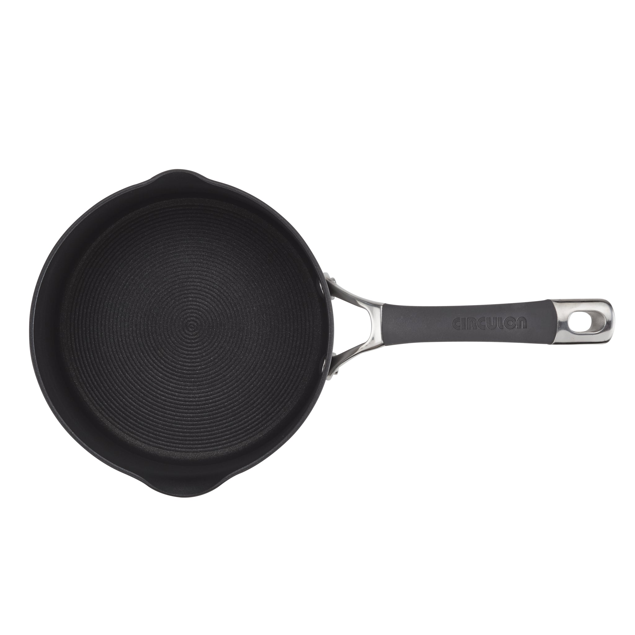 Black frying pan with a metal handle on a white background.