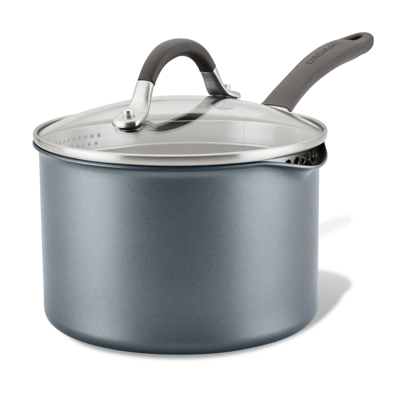 Gray saucepan with glass lid and black handle.