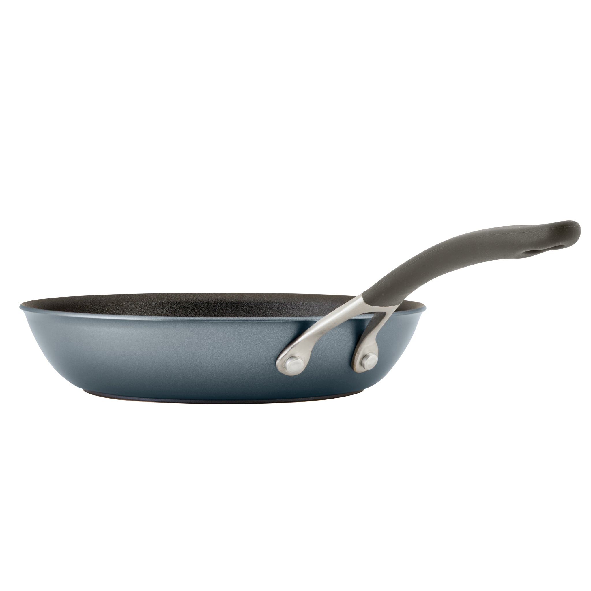 Non-stick frying pan with a gray handle, viewed from the side.