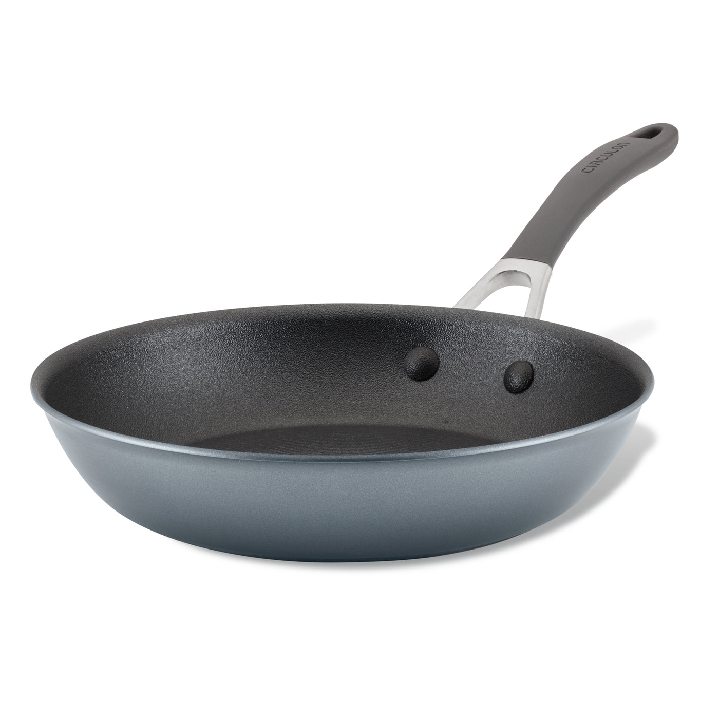 A non-stick frying pan with a gray handle.