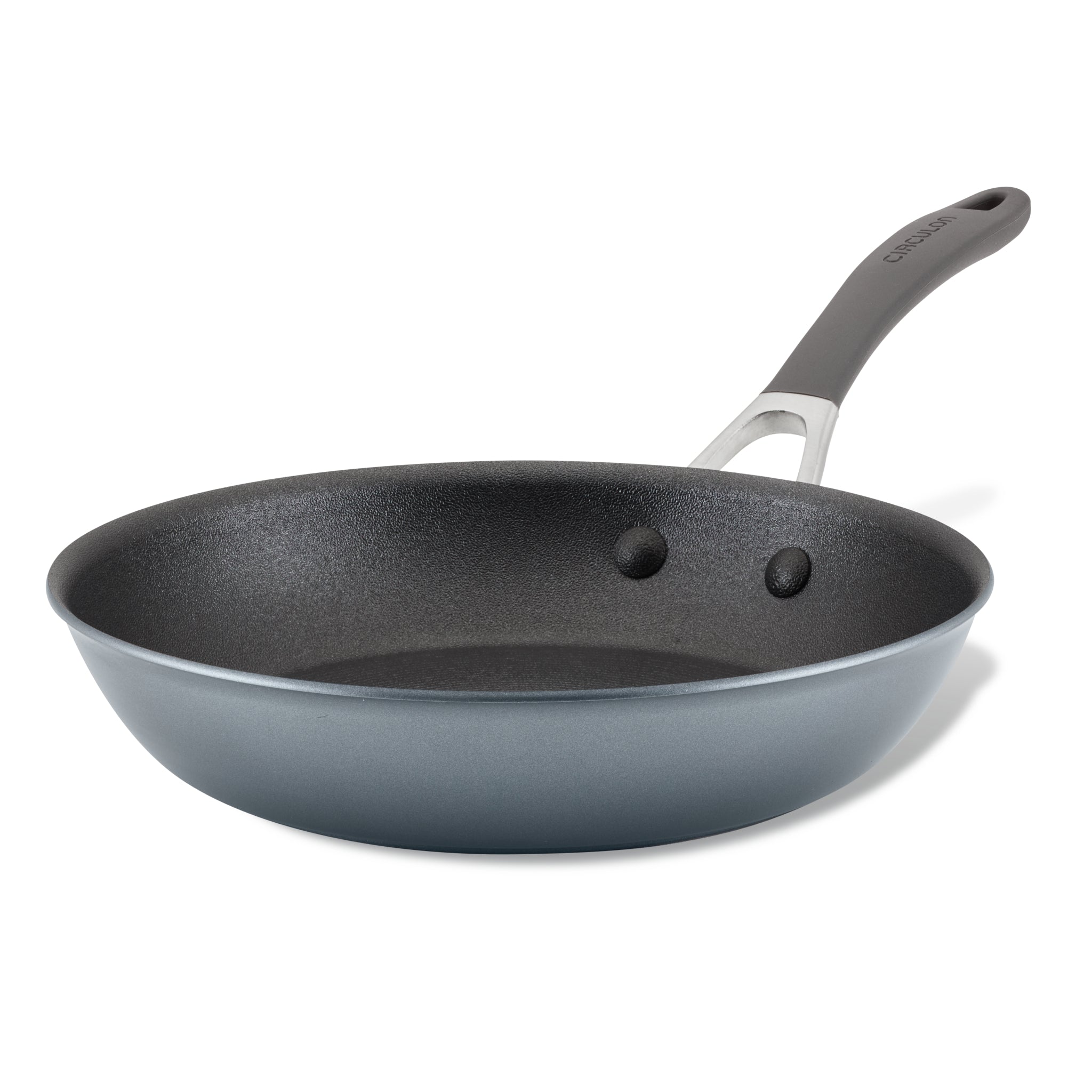 A non-stick frying pan with a gray handle.