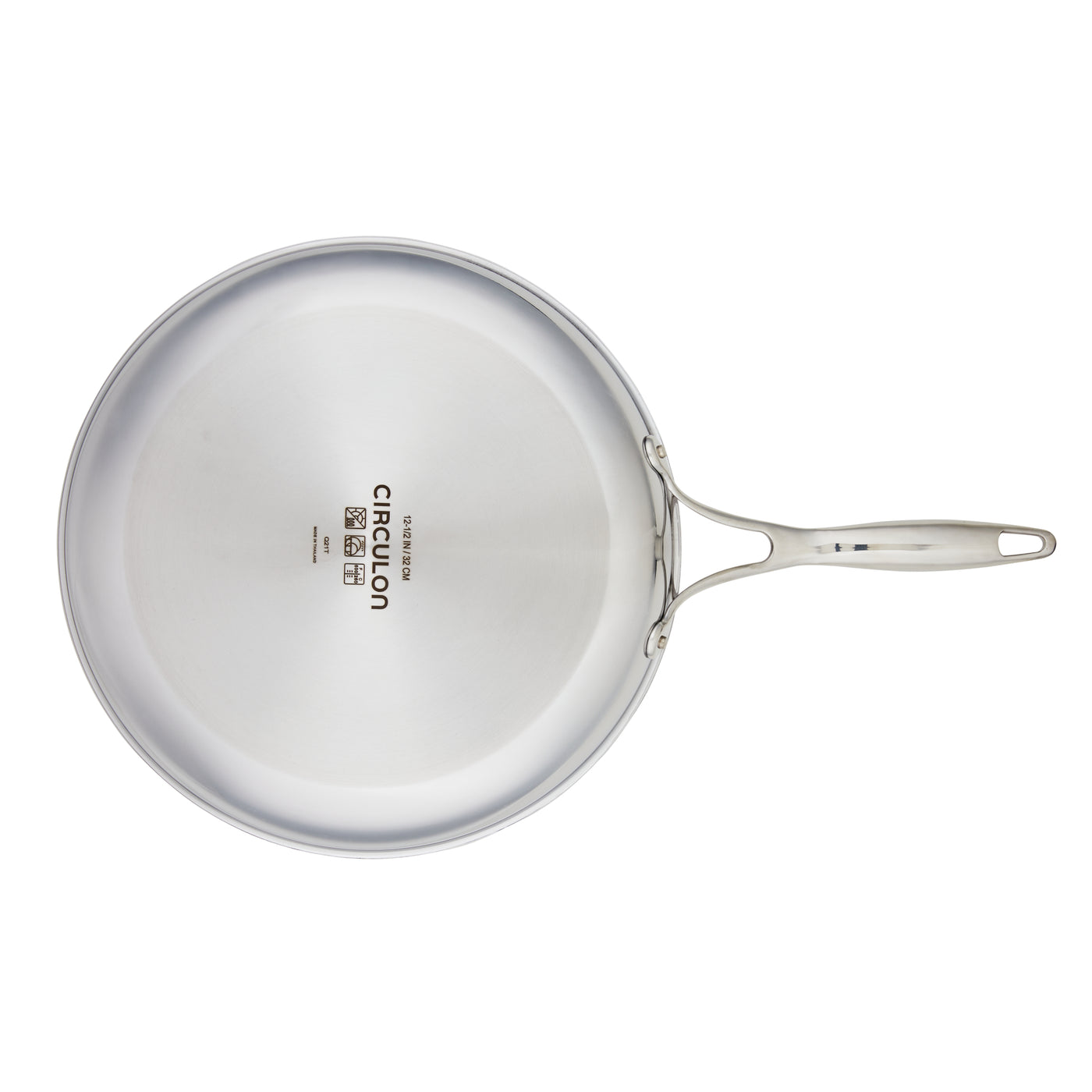 Stainless steel frying pan with a handle, viewed from above.