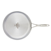 Stainless steel frying pan with a handle, viewed from above.