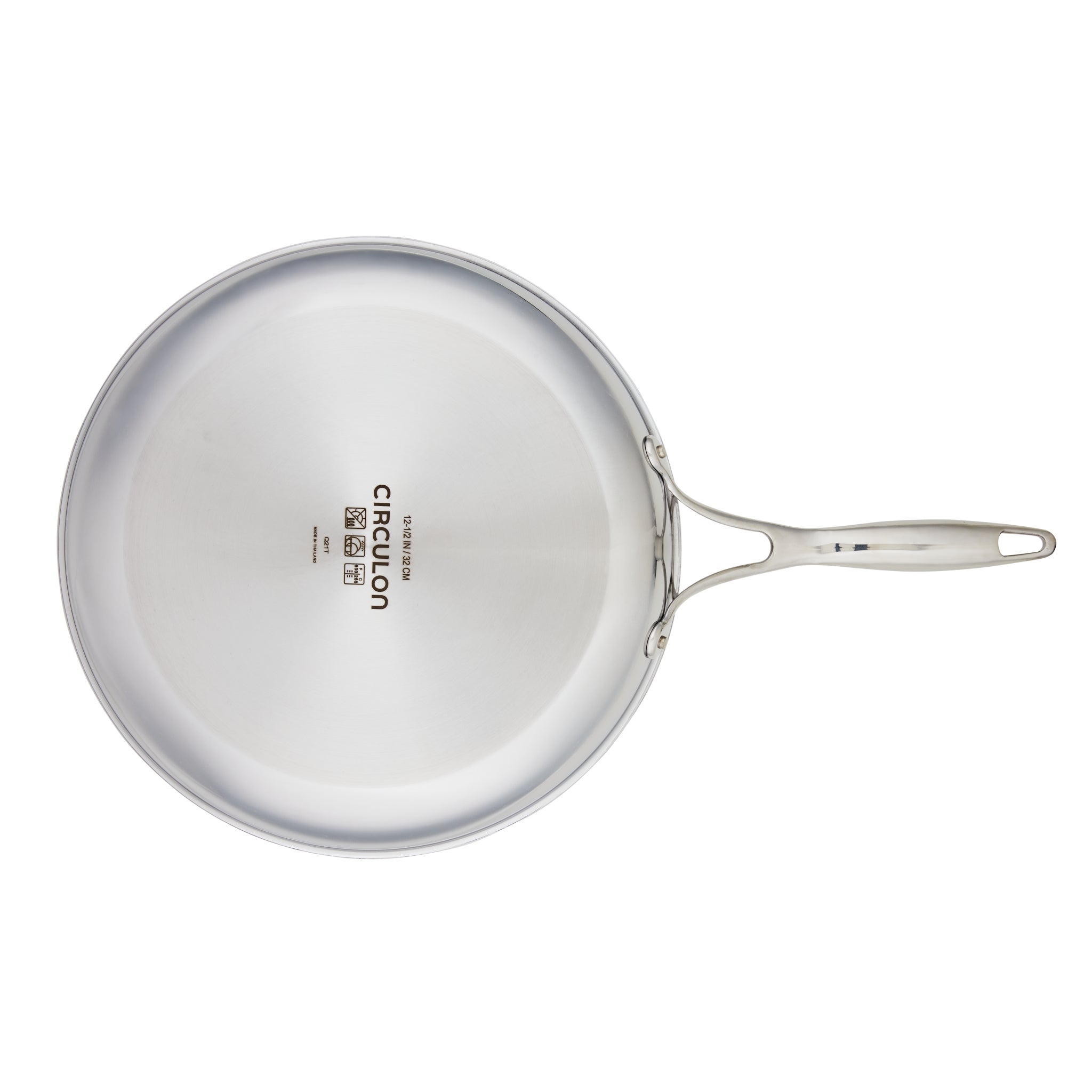 Stainless steel frying pan with a handle, viewed from above.