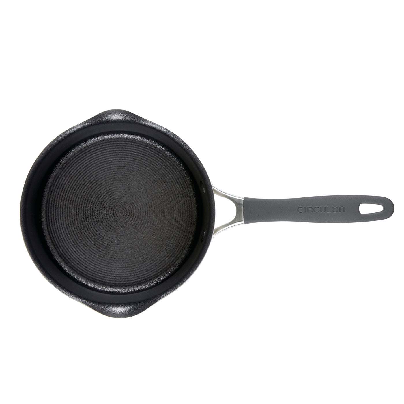 Black nonstick saucepan with a grey handle viewed from above.
