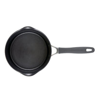 Black nonstick saucepan with a grey handle viewed from above.