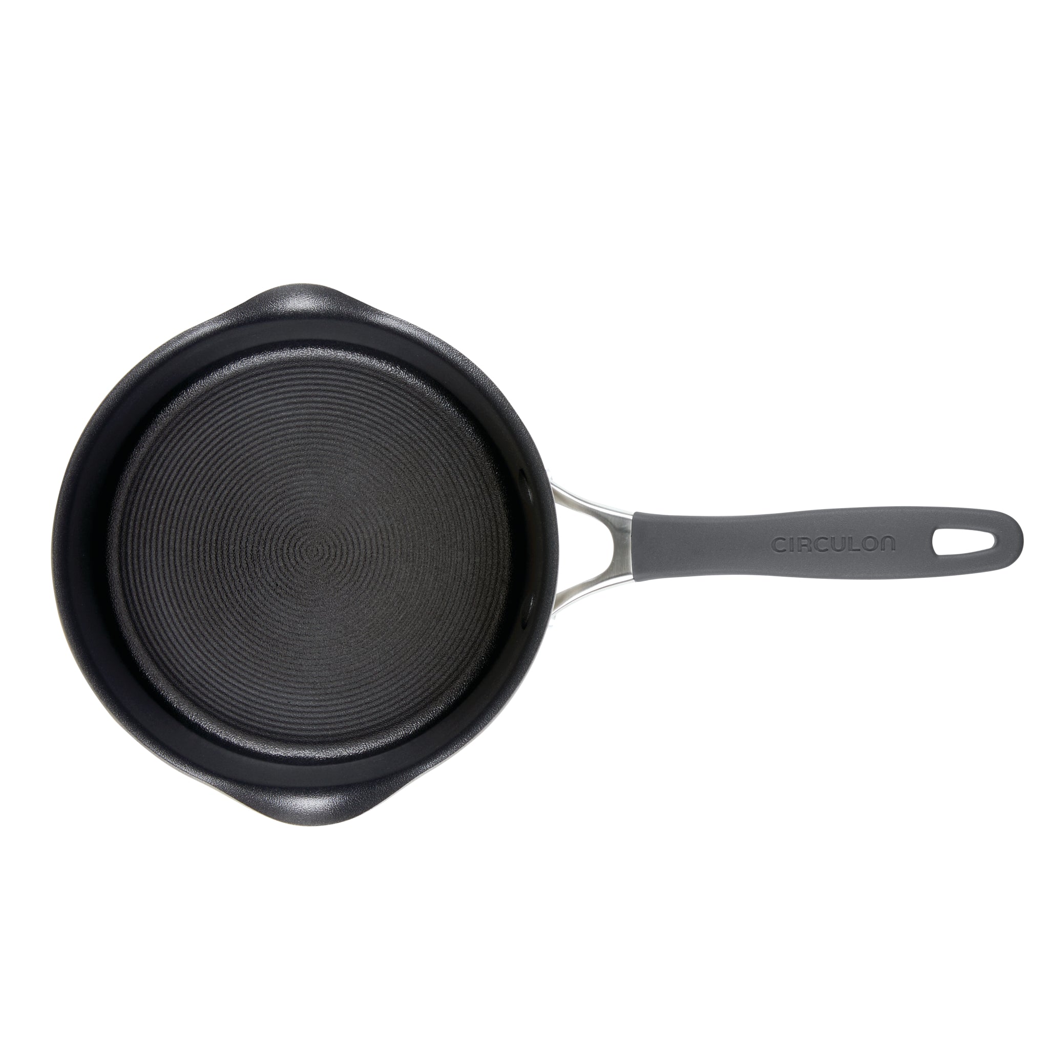 Black nonstick saucepan with a grey handle viewed from above.