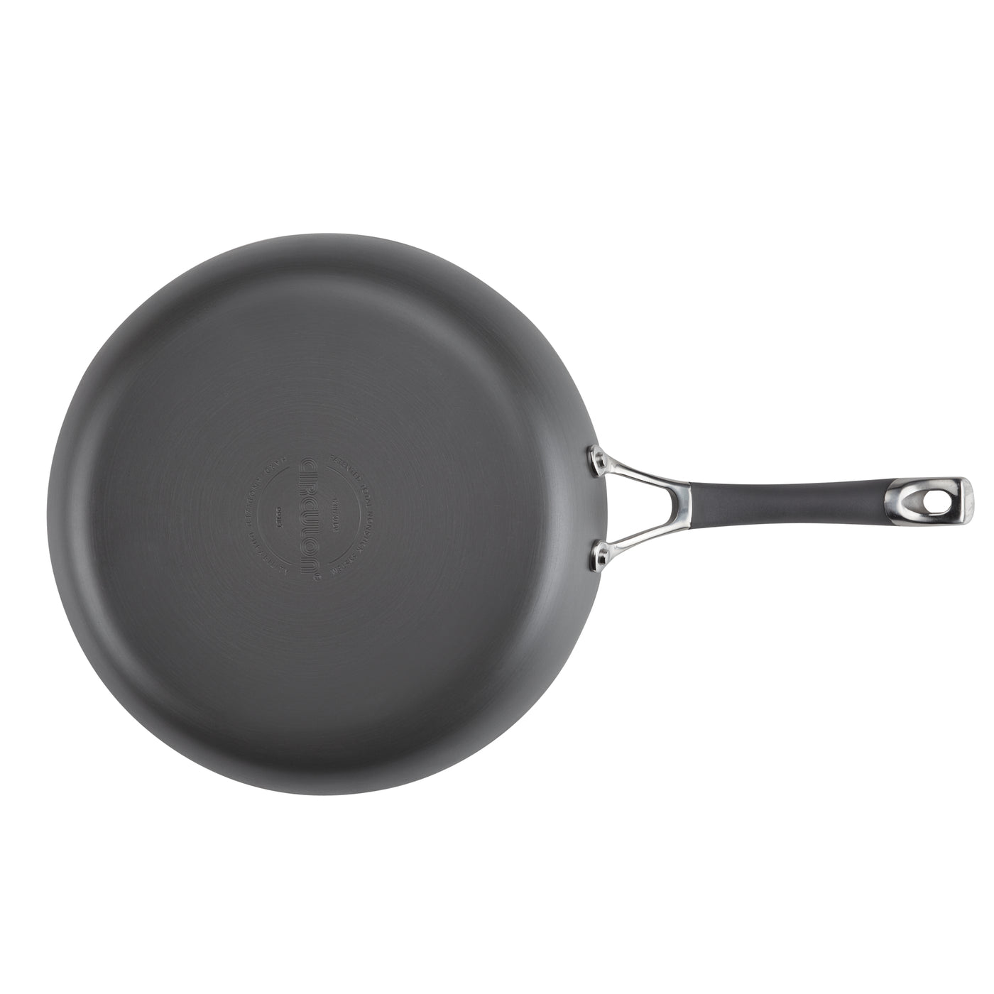 Black frying pan with a metal handle against a white background.