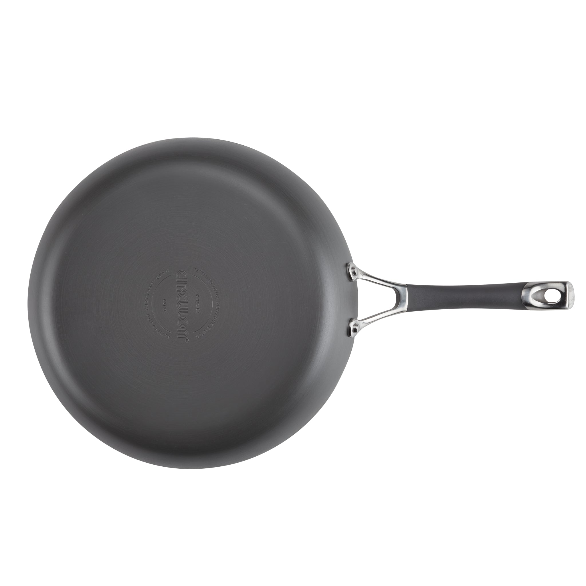 Black frying pan with a metal handle against a white background.