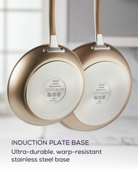 Two 5-Piece Nonstick Pans hang with induction plate bases on display.