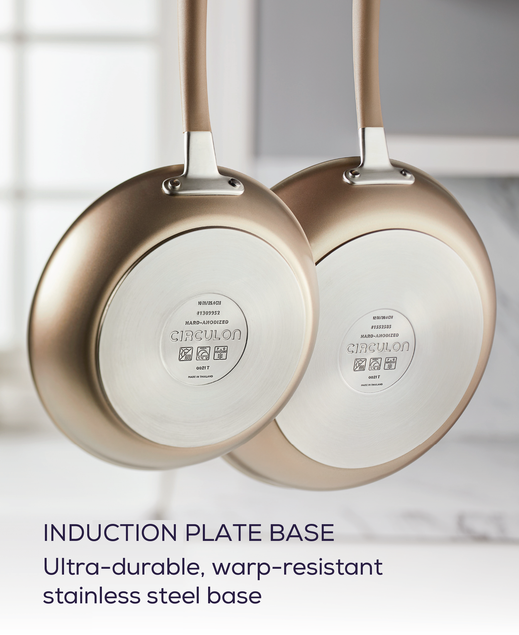 Two 5-Piece Nonstick Pans hang with induction plate bases on display.