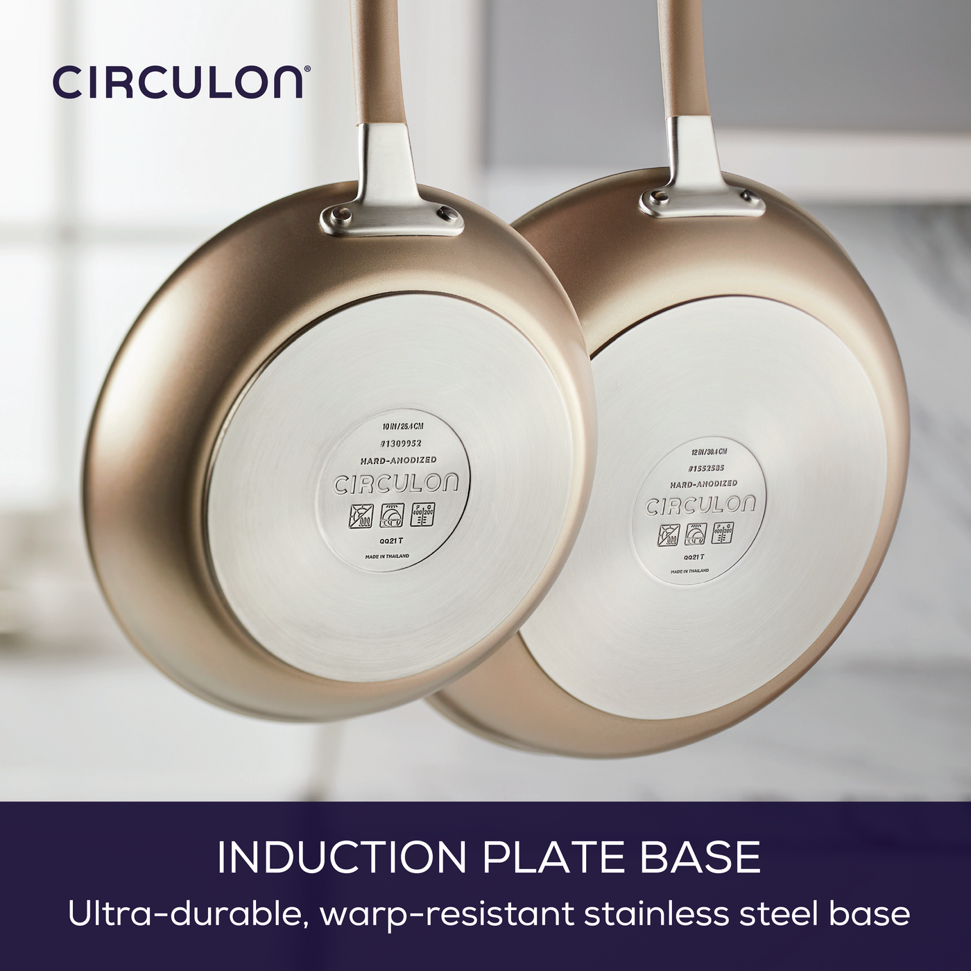 Two pans showing their induction plate bases with Circulon branding.
