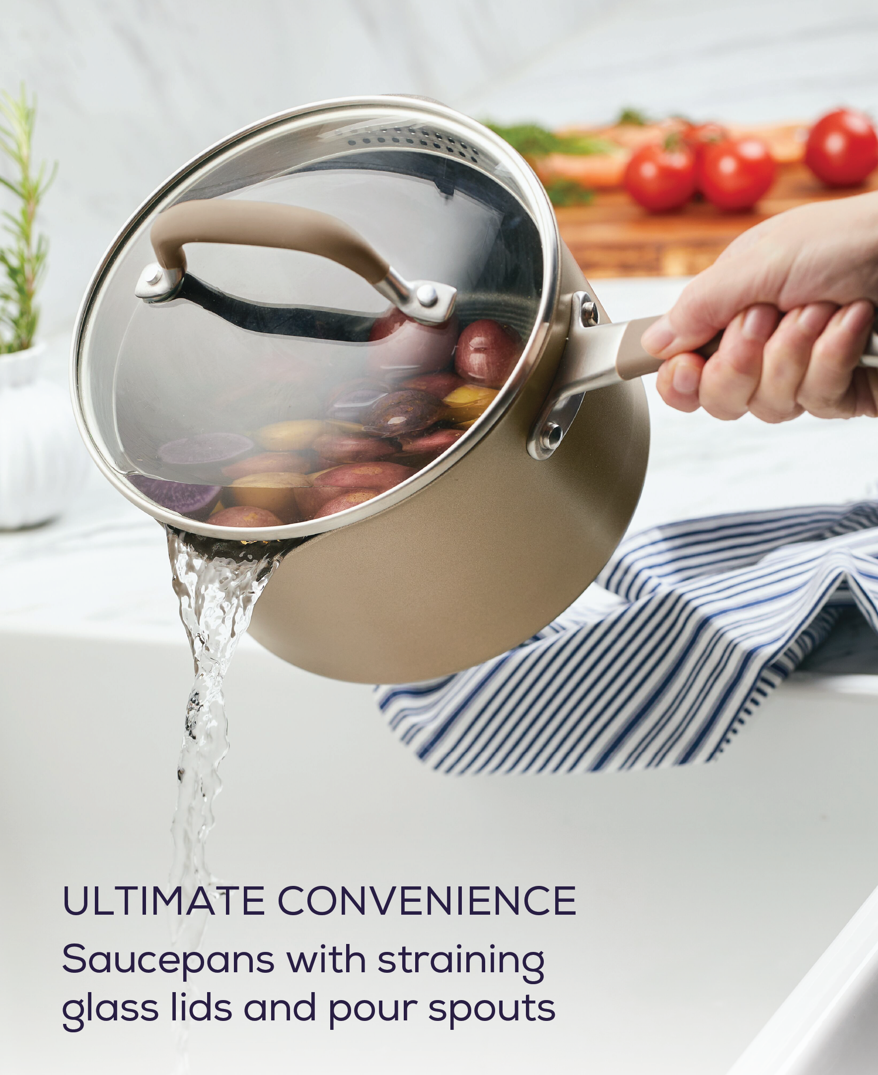 Person pouring water from a 5-Piece Nonstick Cookware Set saucepan into the sink.