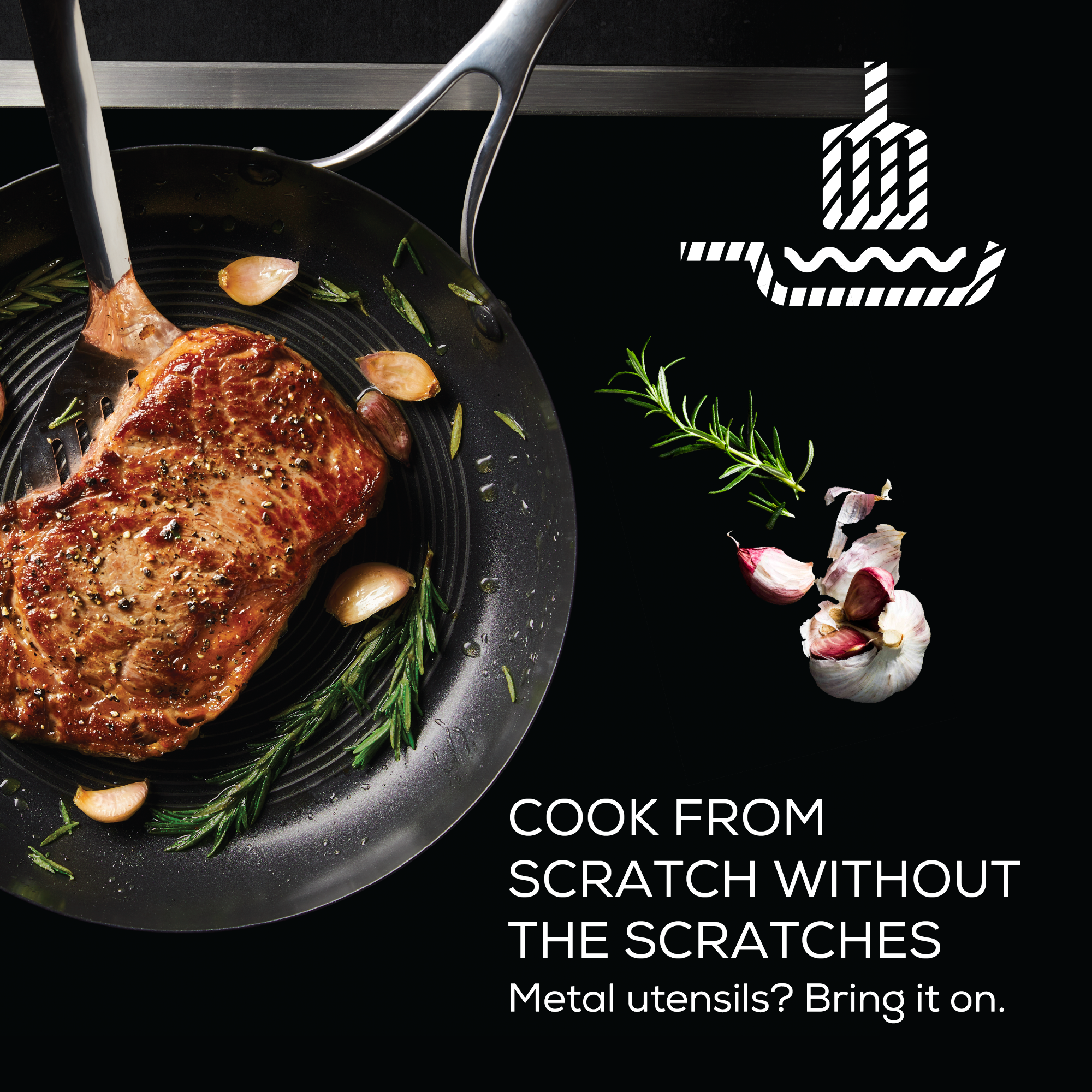 Cooked steak with garlic and rosemary in a pan; graphics and text overlay.
