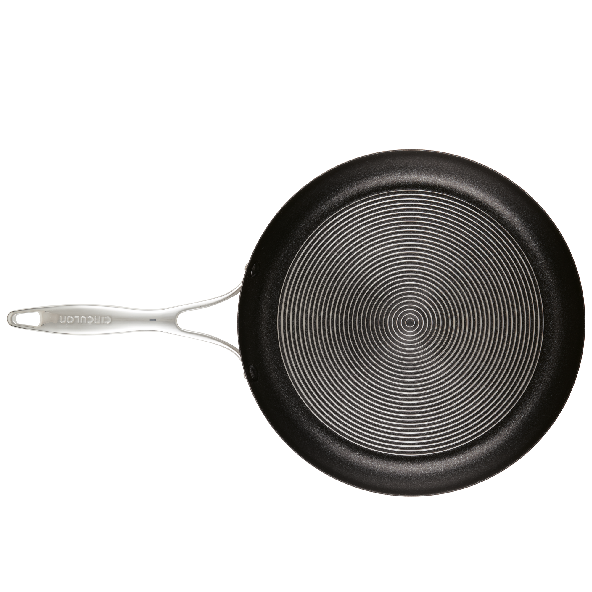 Non-stick frying pan with a silver handle, viewed from above.