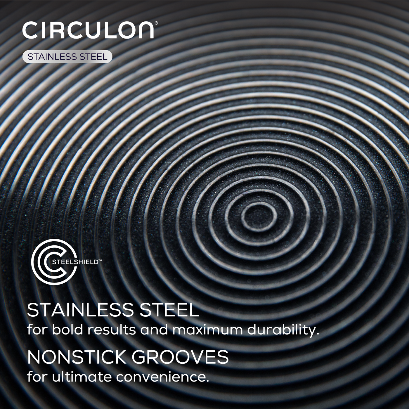 Close-up of Circulon stainless steel pan with concentric grooves.