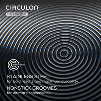 Close-up of Circulon stainless steel pan with concentric grooves.