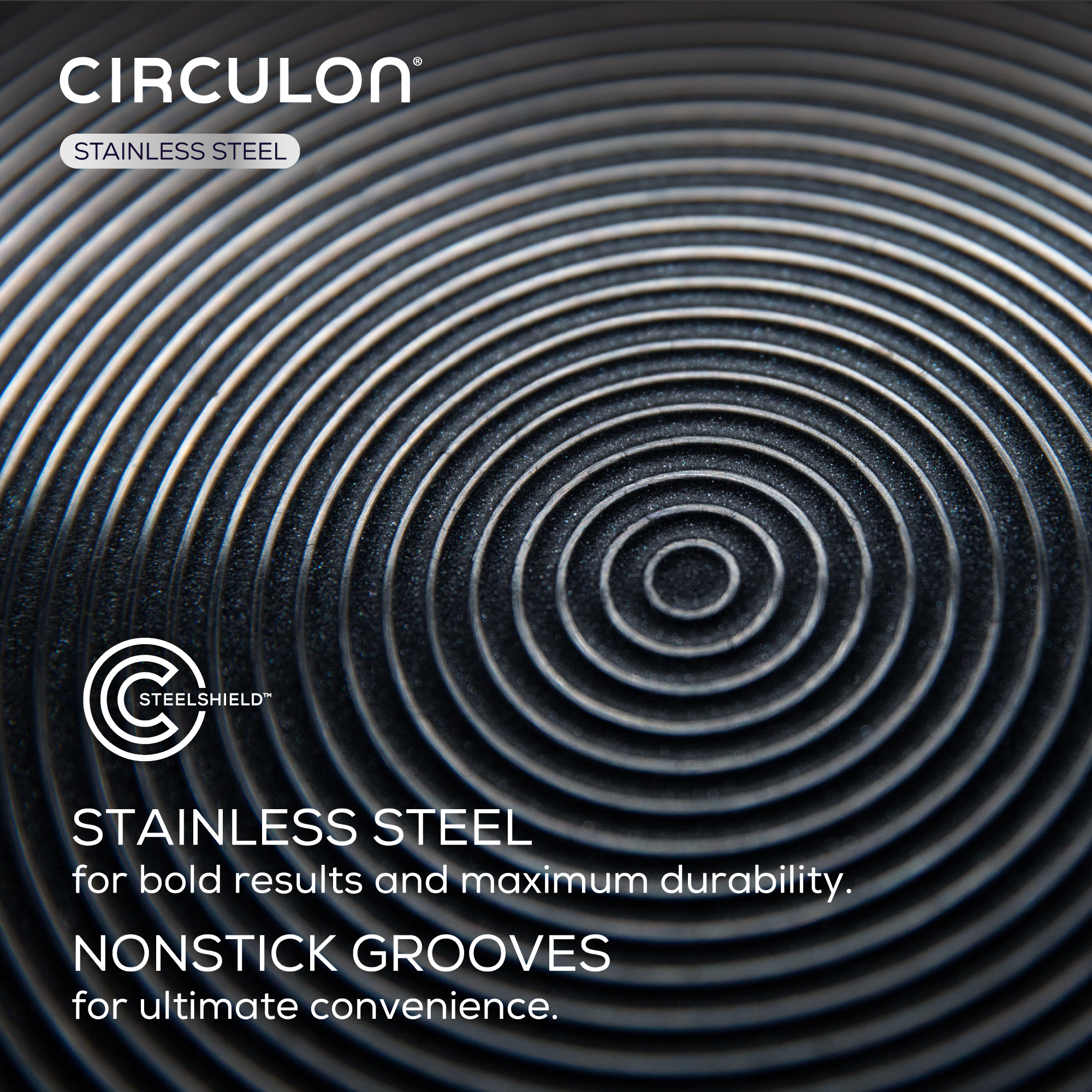 Close-up of Circulon stainless steel pan with concentric grooves.