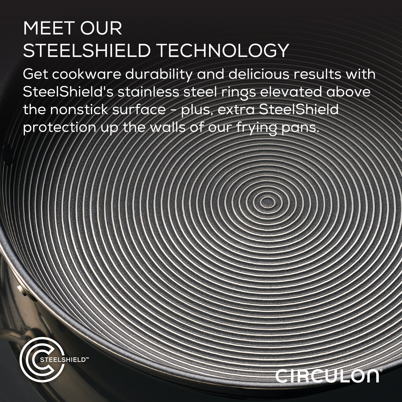 Close-up of a cooking pan showcasing Steelshield technology and pattern.
