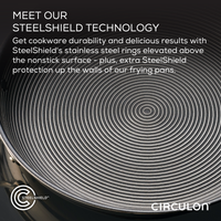 Close-up of a cooking pan showcasing Steelshield technology and pattern.