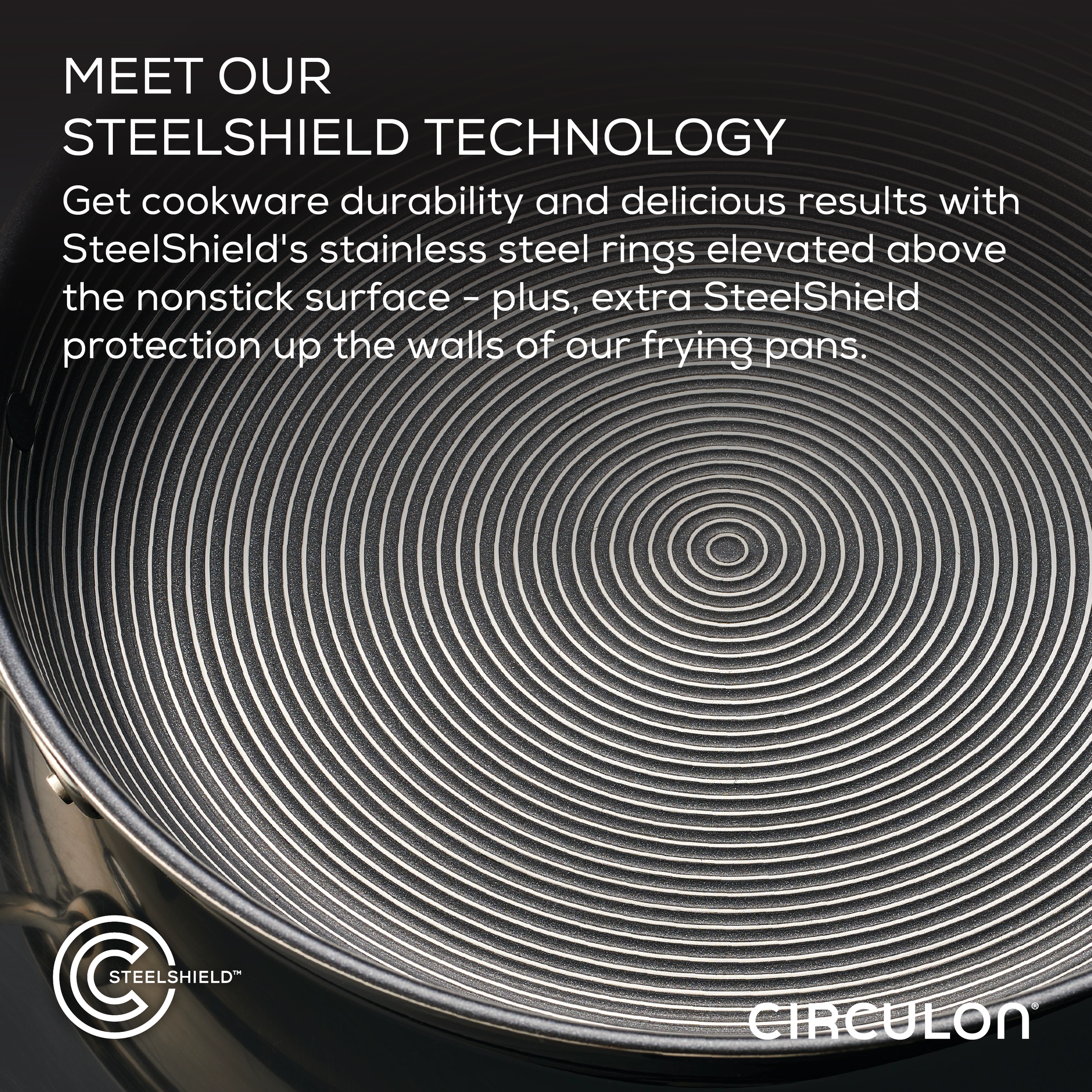 Close-up of a cooking pan showcasing Steelshield technology and pattern.