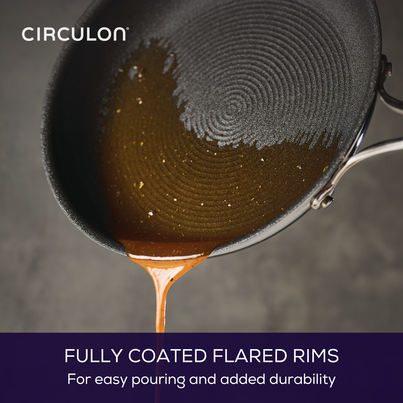 Nonstick frying pan pouring liquid with flared rim design.